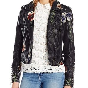 Black Vegan Leather Floral Embroidered Jacket